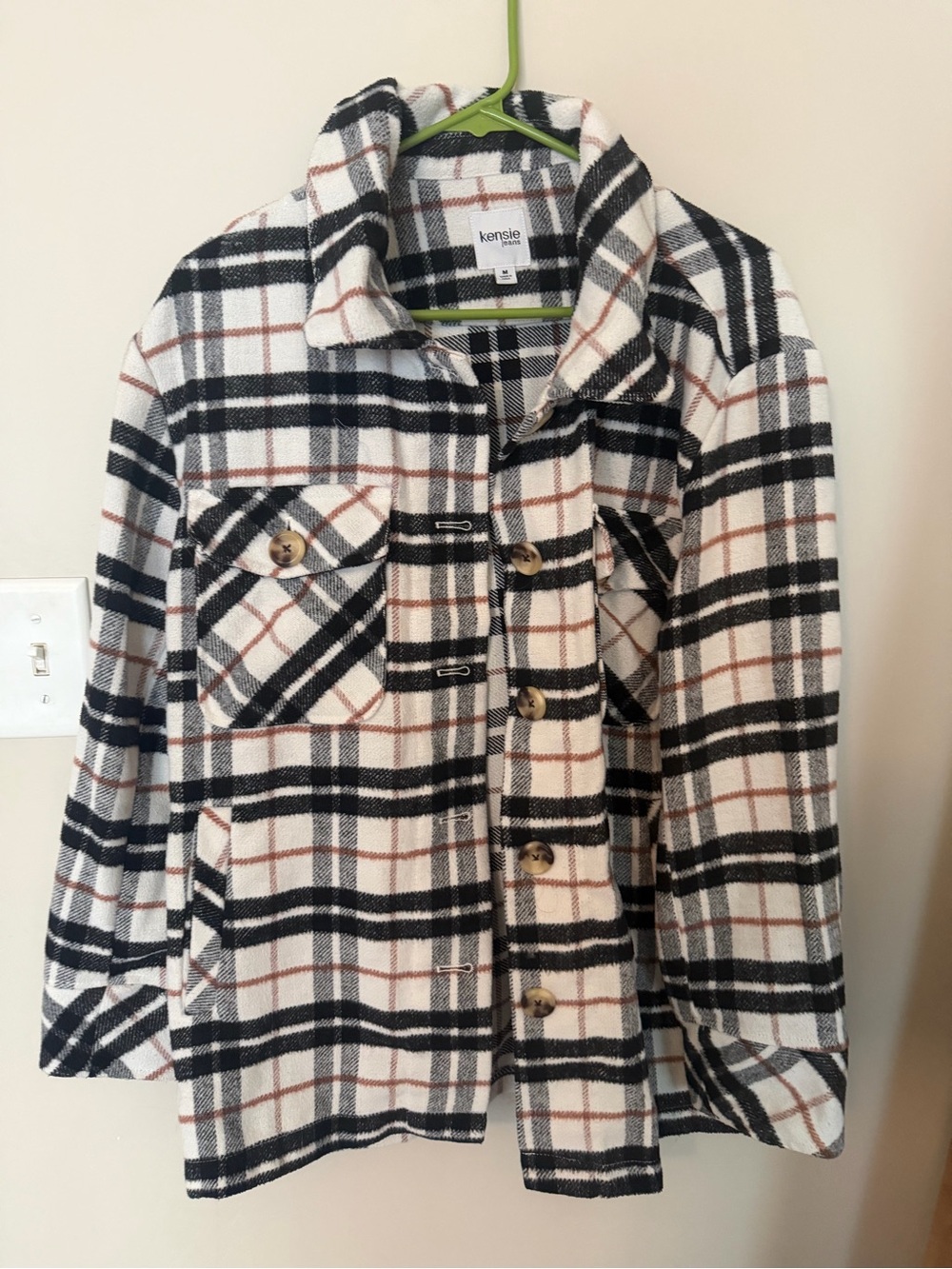 Kensie Cream Plaid Button-Down Shirt Jacket with Navy and Brown Checks